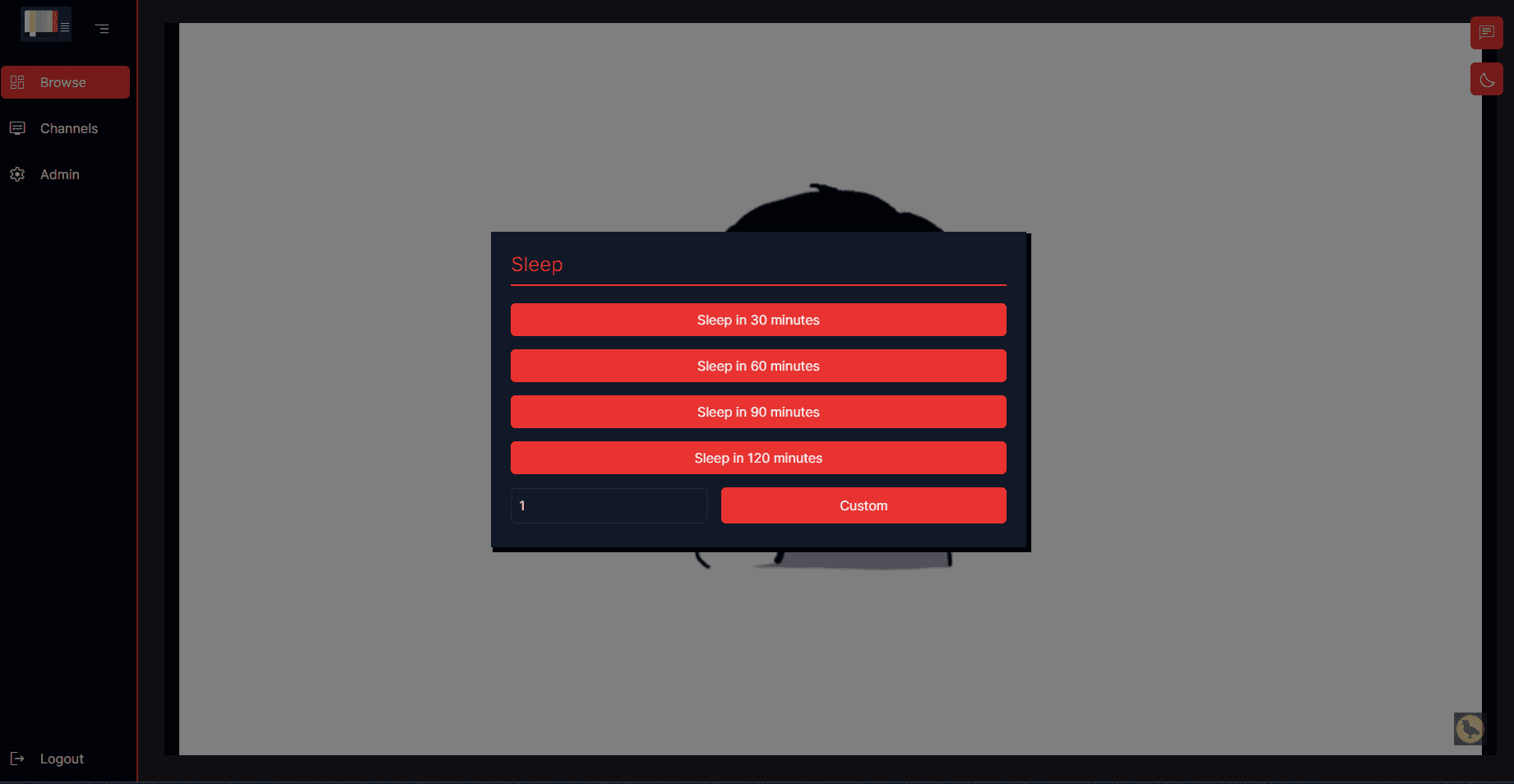 Sleep timer modal, where users can set a sleep timer for the channel