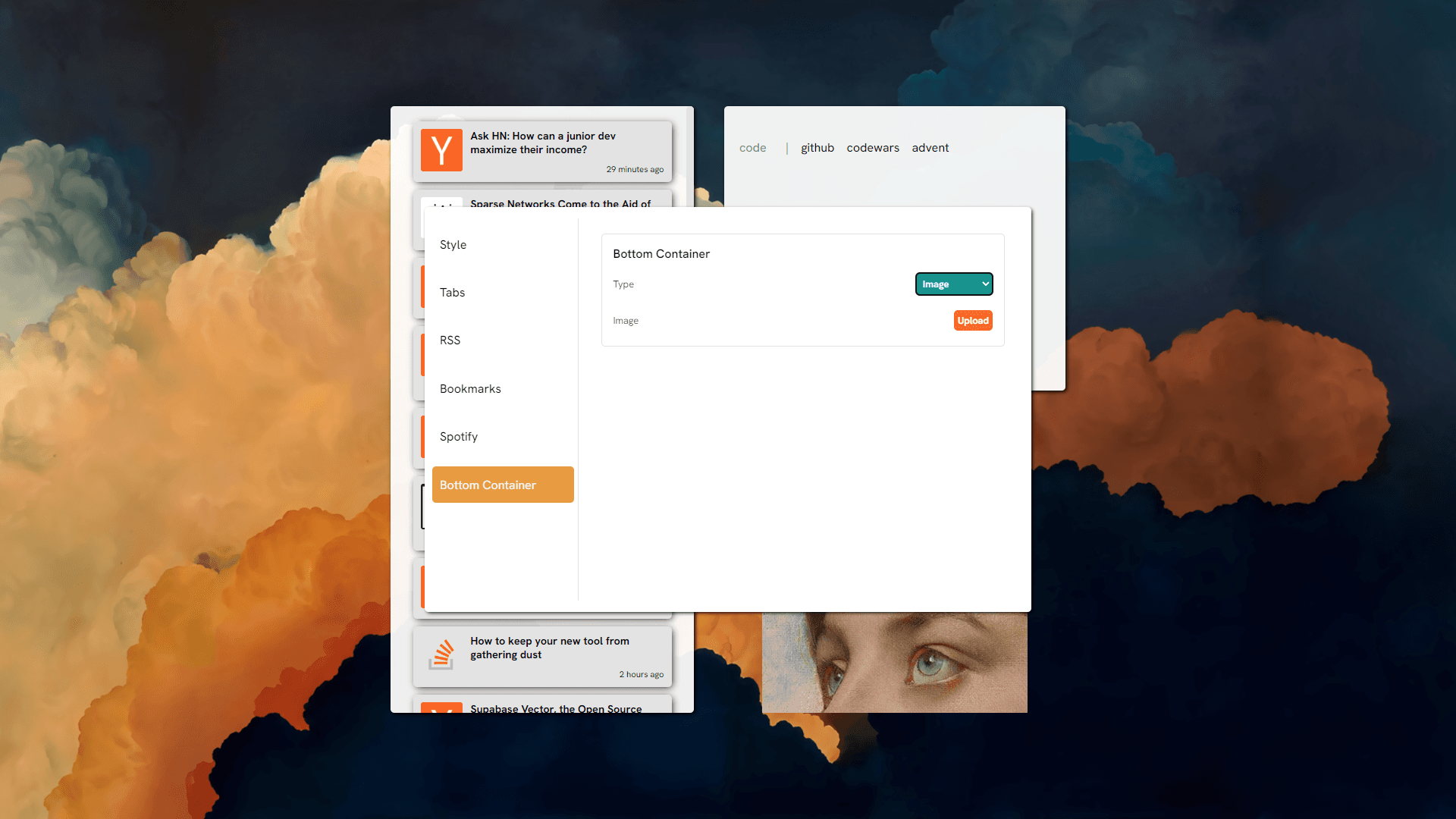 Bottom container settings, showing the options for the bottom right modal