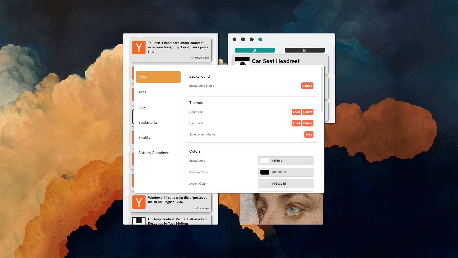 Style settings, showing background upload, themes and current colors