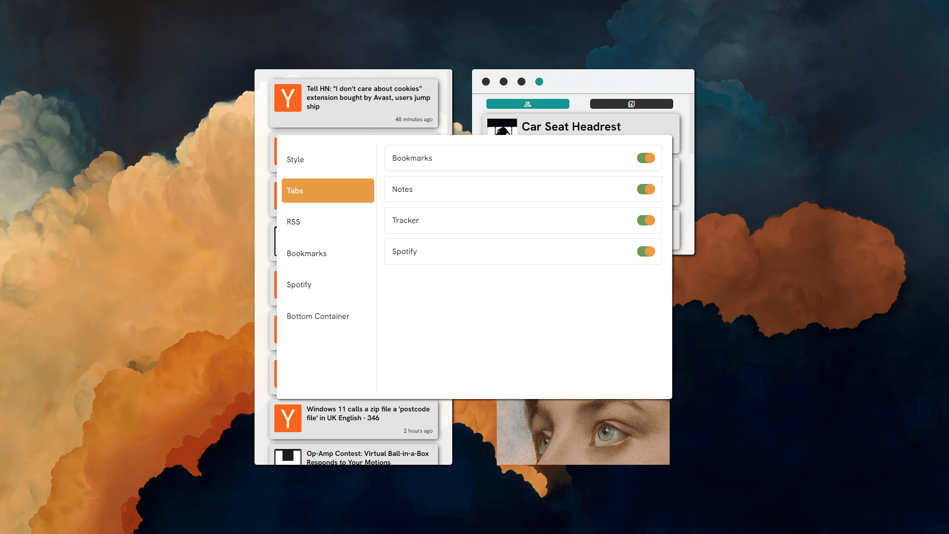 Tabs settings, showing what tabs to show