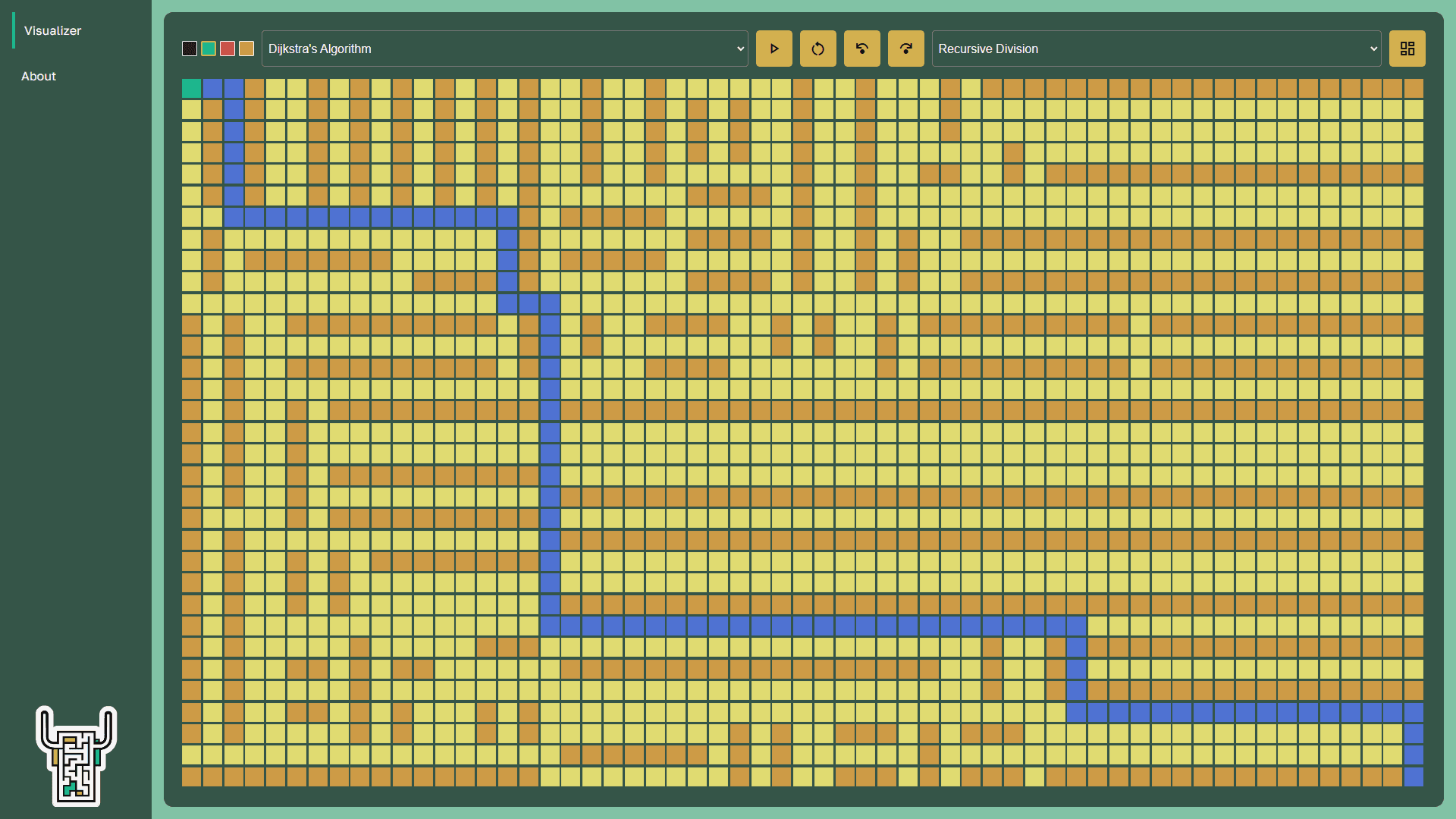 The main page with a maze generated using the Recursive Division algorithm and Dijkstra selected as the algorithm