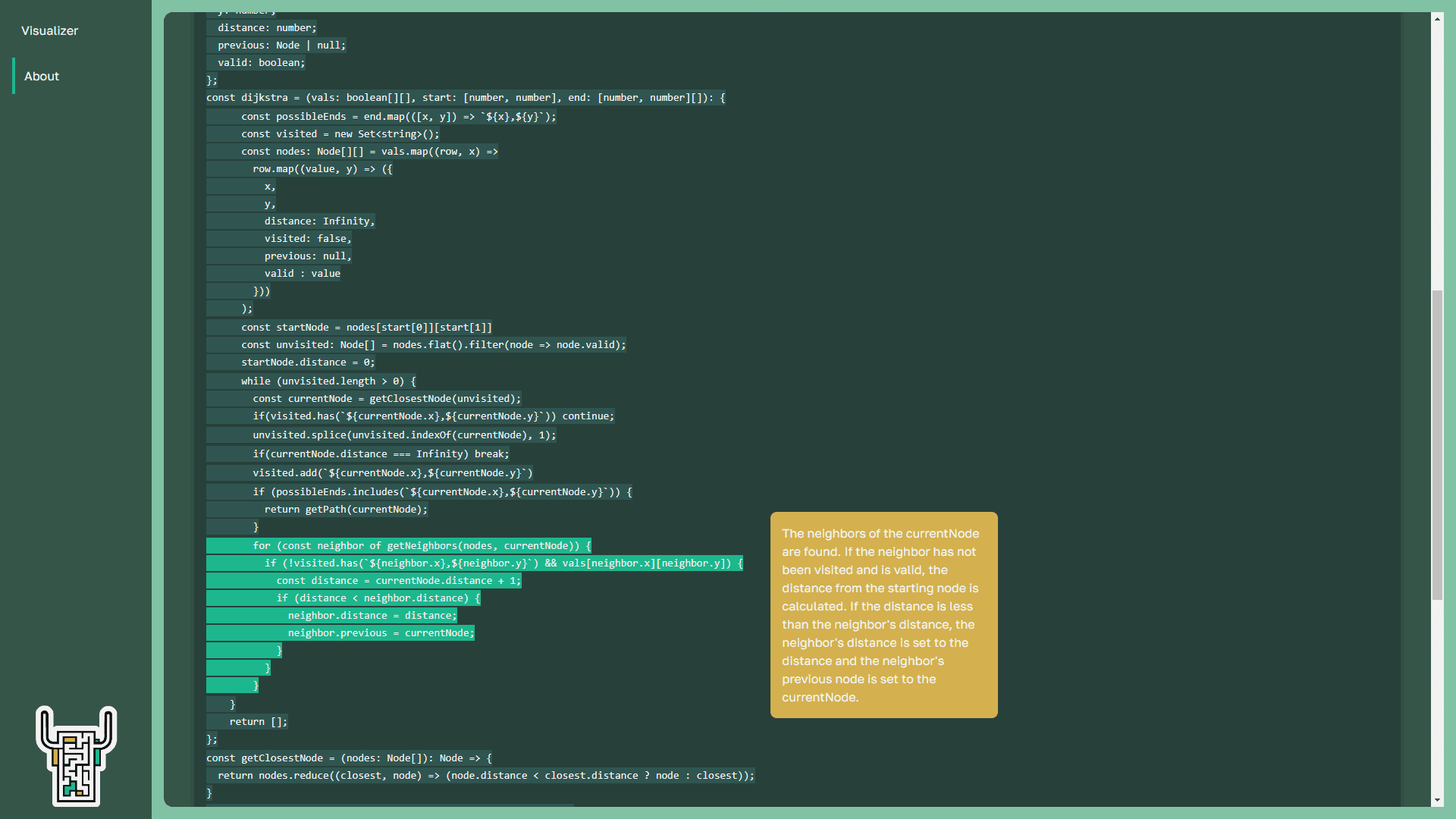 The code for dijkstras algorithm, with each section commented