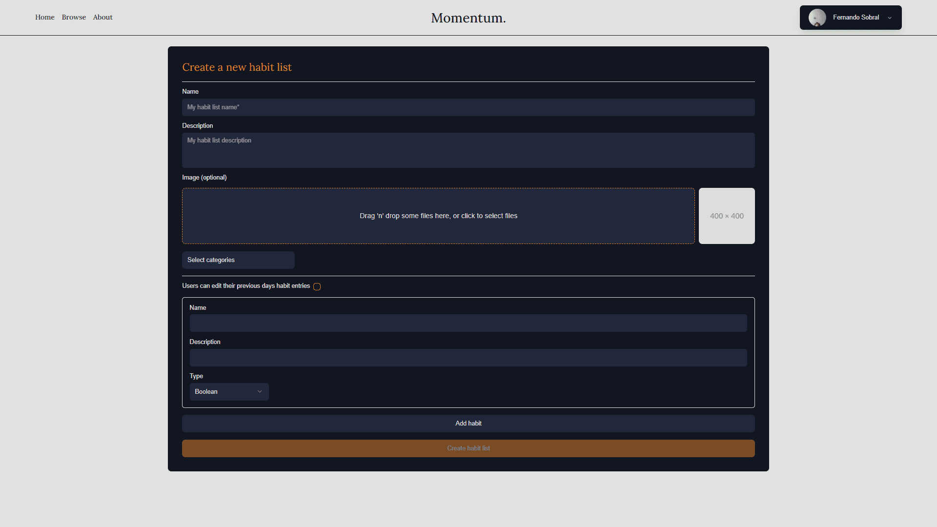 Create habit list page