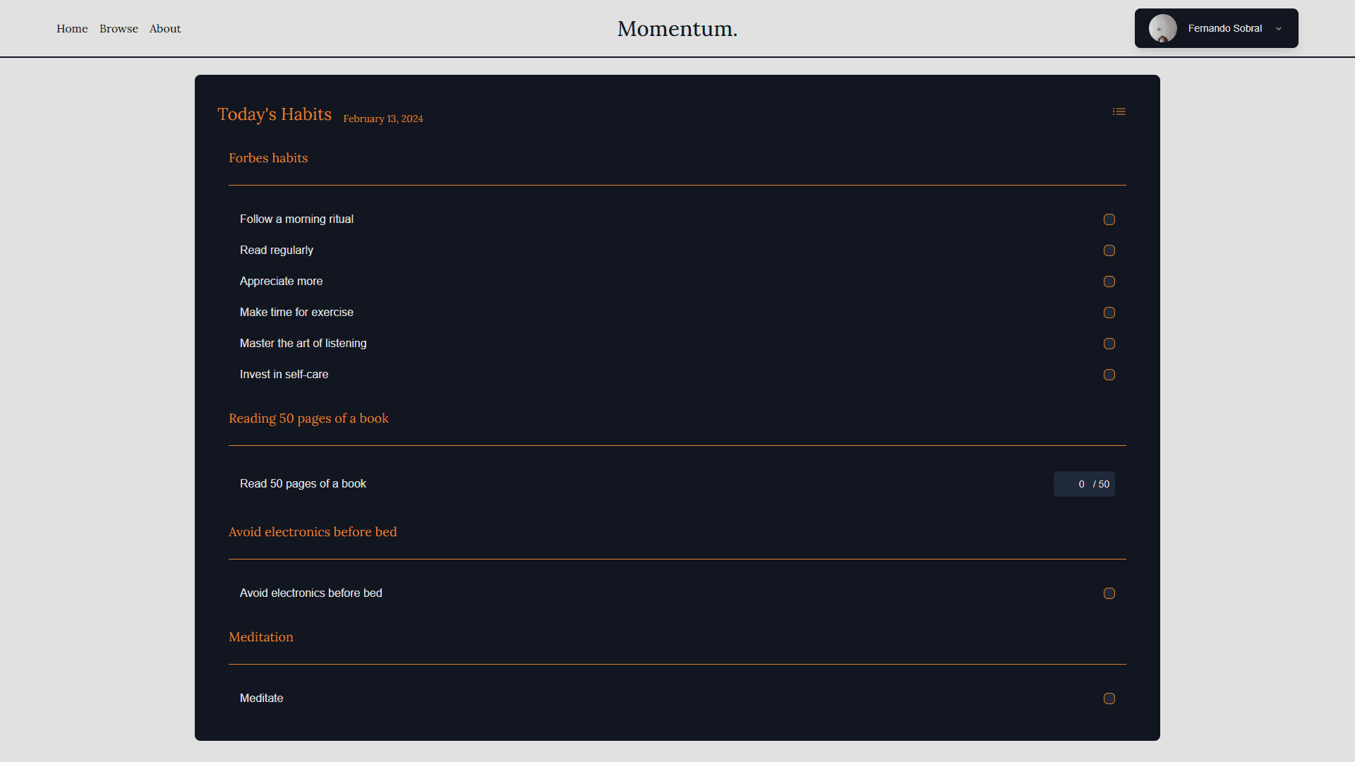 Momentum home page showing the user's tasks for the day structured by list and challenge