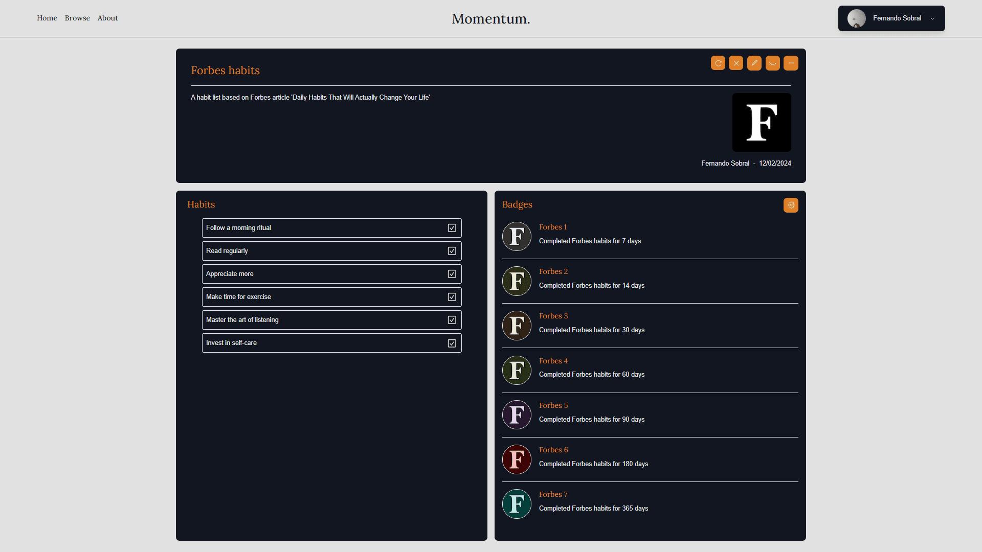 Habit list details page showing the list's tasks and the badges associated with it