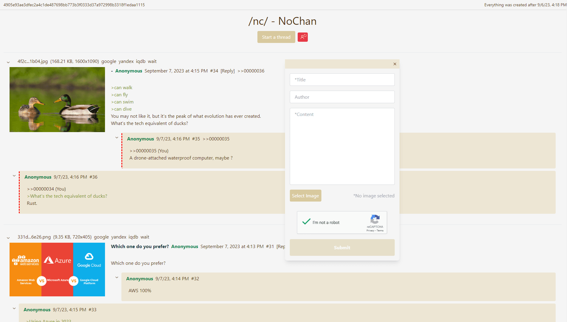 nochan on desktop showing the create thread with valid captcha