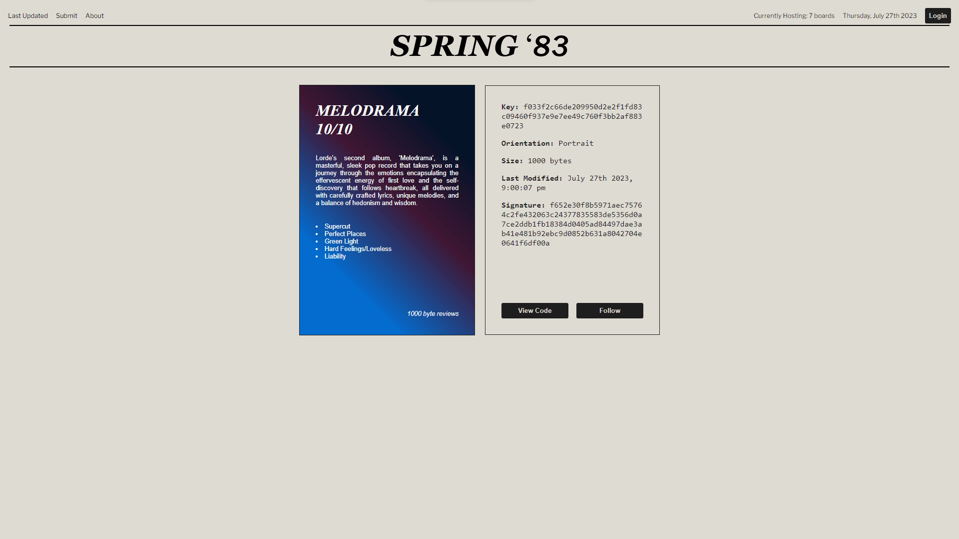 Spring83 client board page, showing the board's content, and detail about it