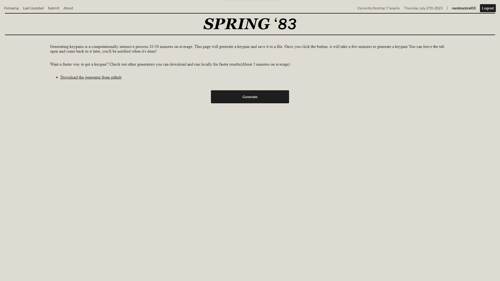 Spring83 client generate key page