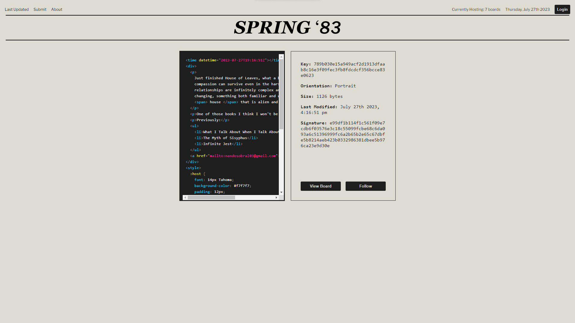 Spring83 client board page, showing the board's code, and detail about it