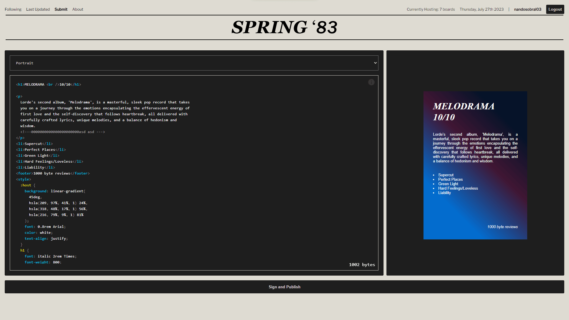 Spring83 submition page, showing the text editor and how the board is rendered in real time