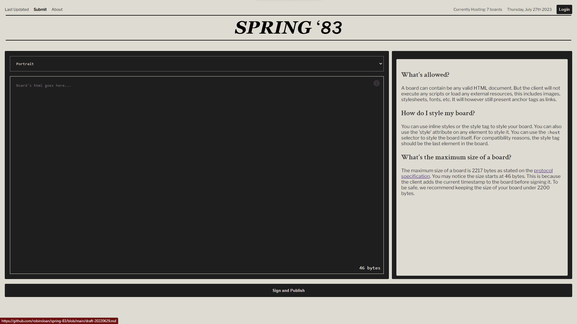 Spring83 submition page, showing the text editor and the information about how to publish the board