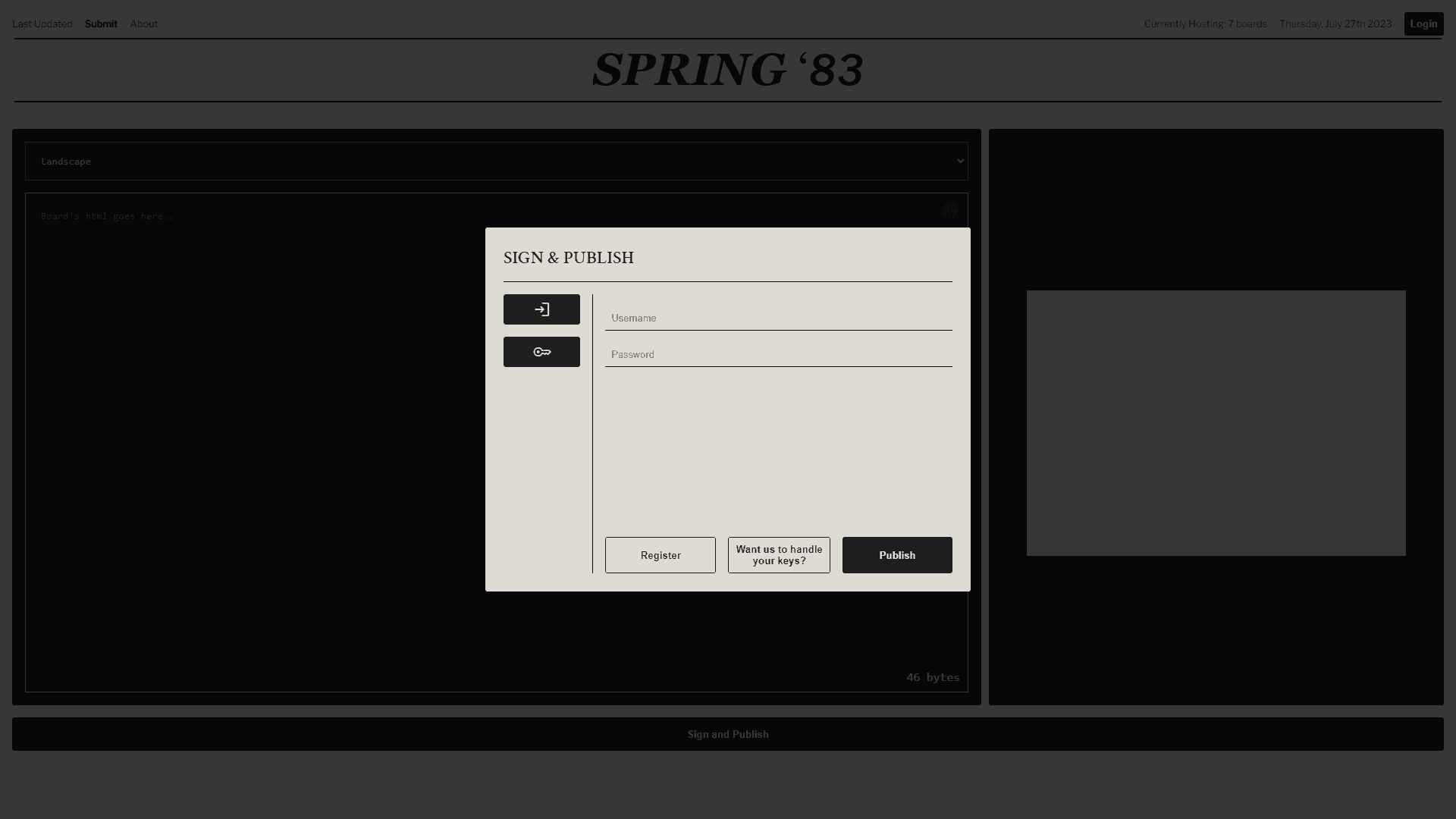 Spring83 submition page, showing the sign and publish modal