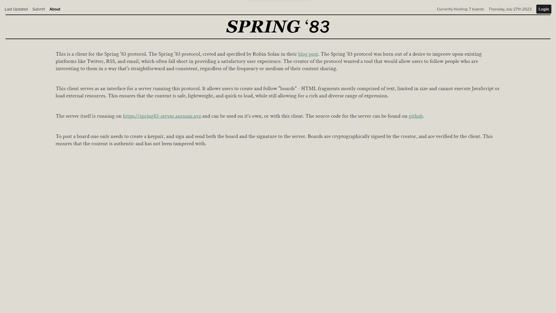 Spring83 about page, showing the information about the protocol and the project