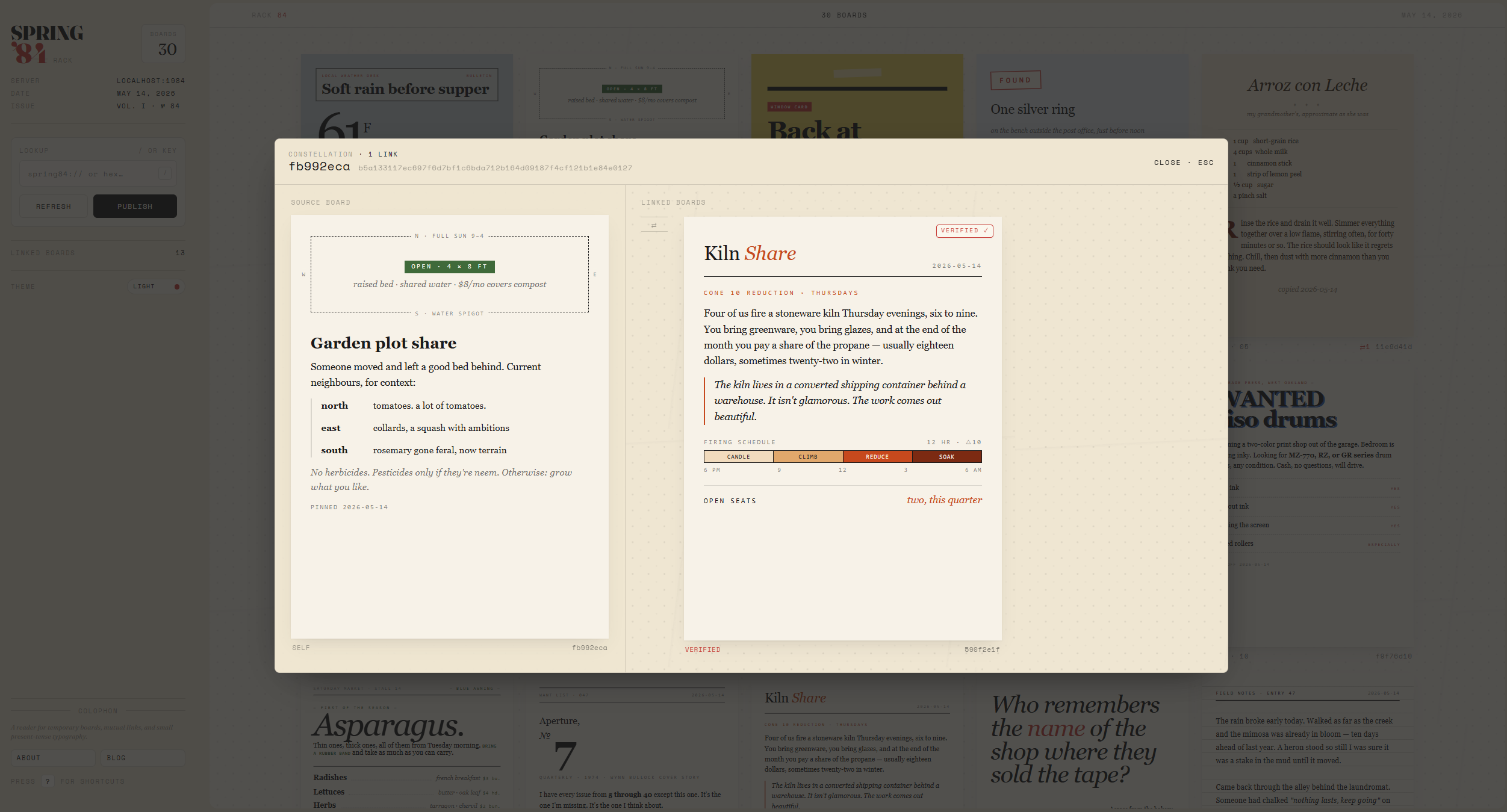 Spring '84 constellation modal showing linked boards side by side